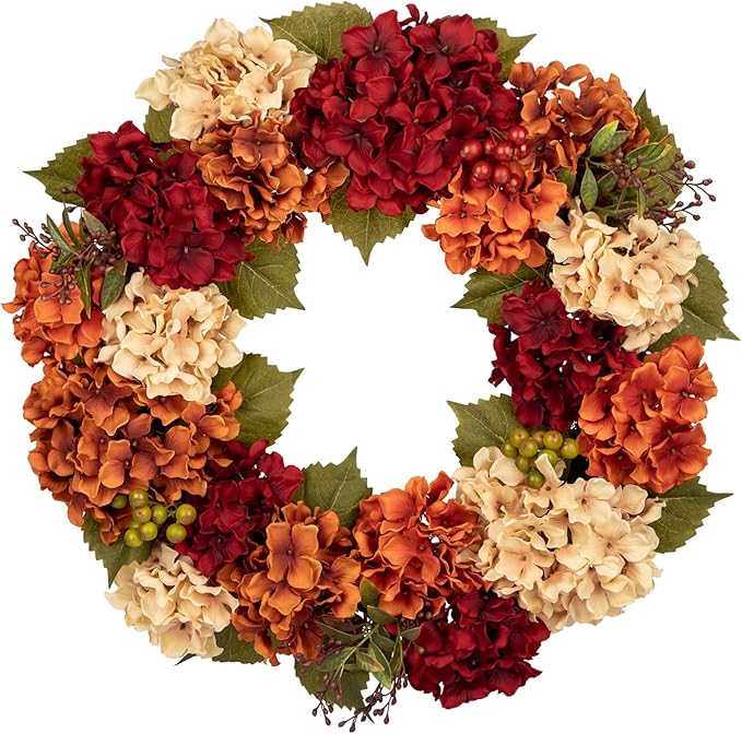 24-inch CozyNest Decor fall wreath with hydrangeas, berries, and autumn flowers for front door decor, farmhouse, Thanksgiving, harvest