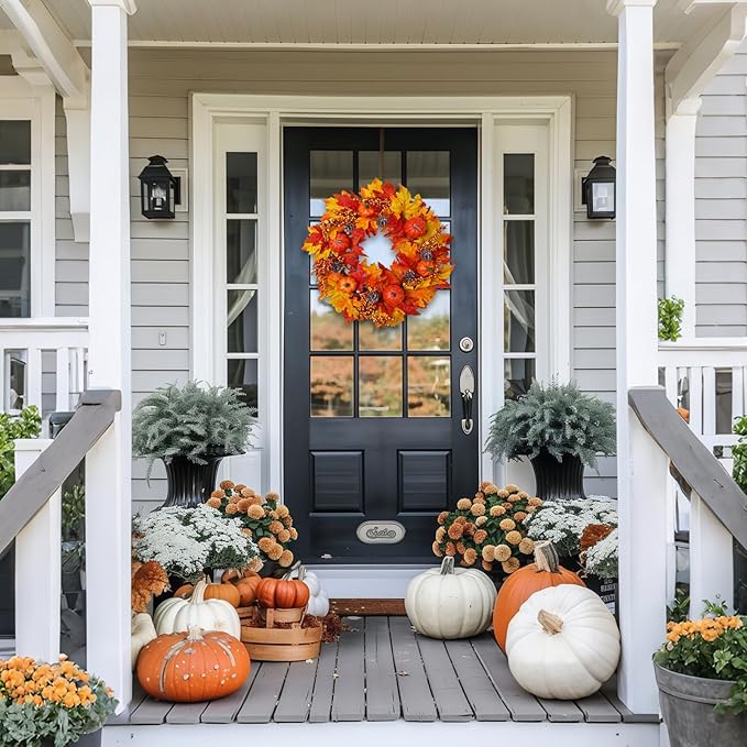 CozyNest Decor 20-inch fall wreath with pumpkins and maple leaves, perfect for front door or indoor autumn home decor.
