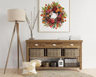 CozyNest Decor 22-inch fall chrysanthemum wreath with apples, pinecones, berries, eucalyptus, and maple leaves for autumn decor.