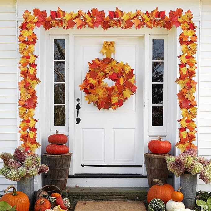 CozyNest Decor 2-pack fall maple leaves garland with 40 LED lights, battery operated autumn Thanksgiving decor for home porch or table.