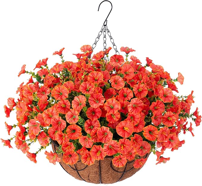 Artificial fall flowers in a hanging basket with orange silk morning glories and eucalyptus, ideal for outdoor porch or patio decor.