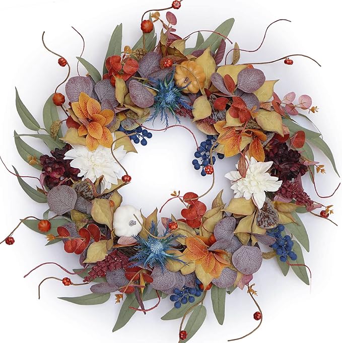 CozyNest Decor 24-inch fall front door wreath with pumpkins, silk leaves, purple flowers, perfect for autumn, Halloween, and Thanksgiving.