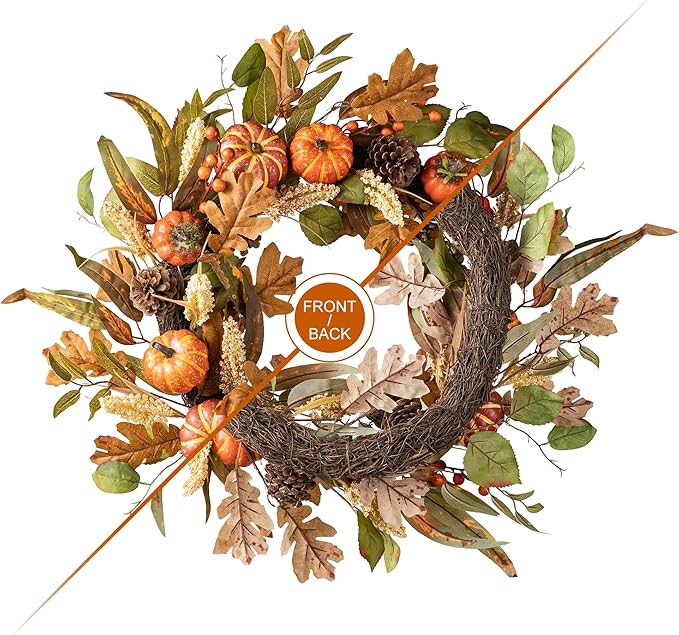 CozyNest Decor 24-inch fall pumpkin leaf floral wreath with artificial harvest design, perfect for autumn or Thanksgiving decor.