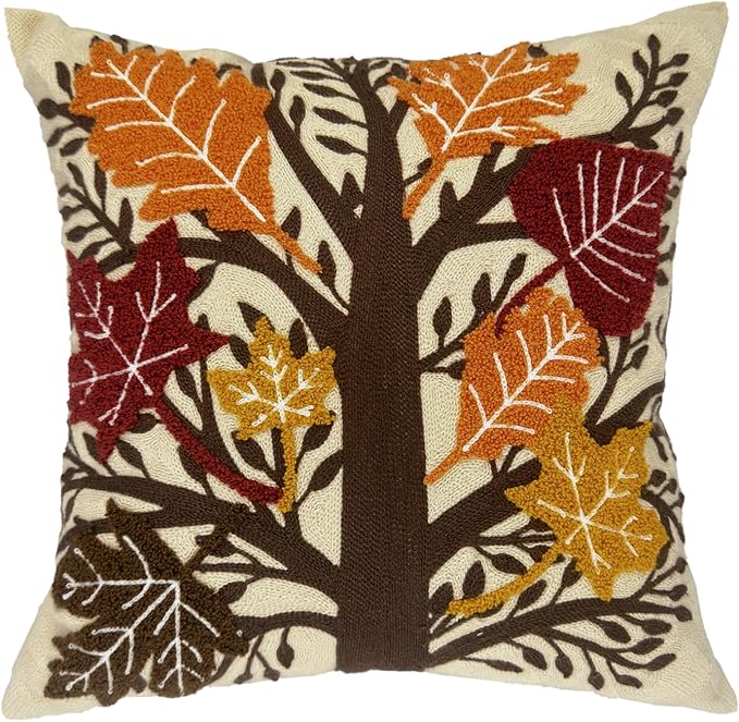 CozyNest Decor Alysheer embroidered fall throw pillow cover with maple leaves, 18x18 inches, orange cotton canvas, boho farmhouse style