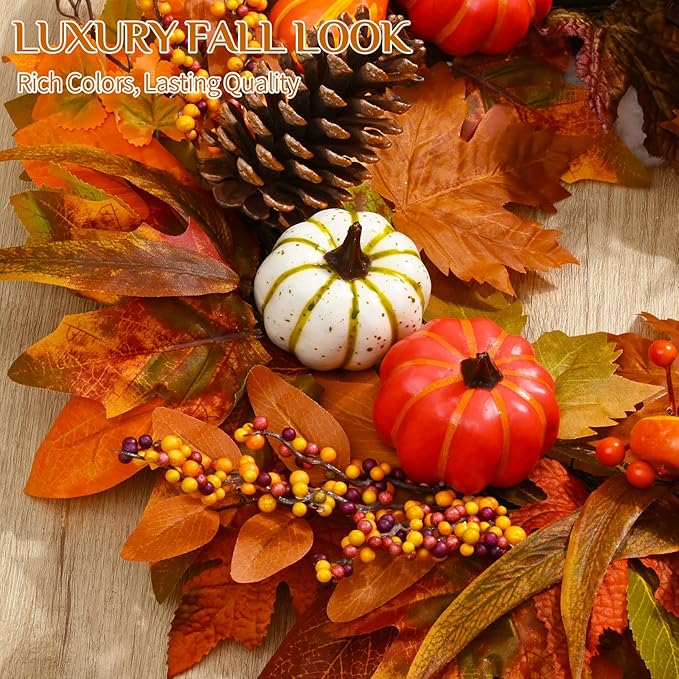 CozyNest Decor 20-inch autumn wreath featuring colorful pumpkins, maple leaves, and fall decorations for front door and porch.