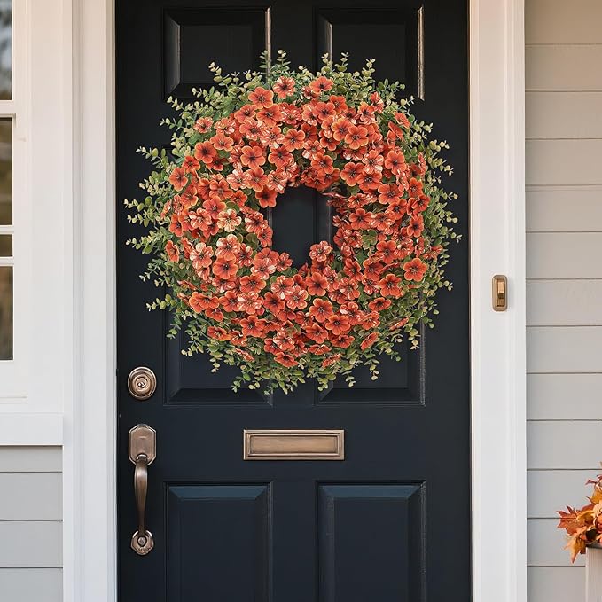 CozyNest Decor 26-inch fall wreath with artificial boxwood leaves, daisies, and eucalyptus, perfect for front door or porch autumn decor