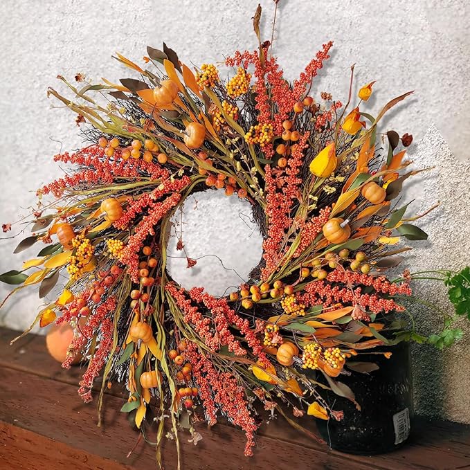 CozyNest Decor 24-inch fall wreath with pumpkins, hawthorn, grains, lantern fruit, berries, eucalyptus leaves for autumn door decor.