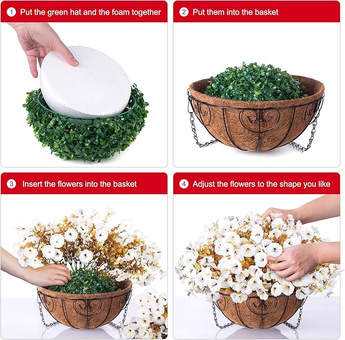 Artificial white morning glory and eucalyptus hanging flowers basket by CozyNest Decor, UV resistant faux outdoor autumn plant display.