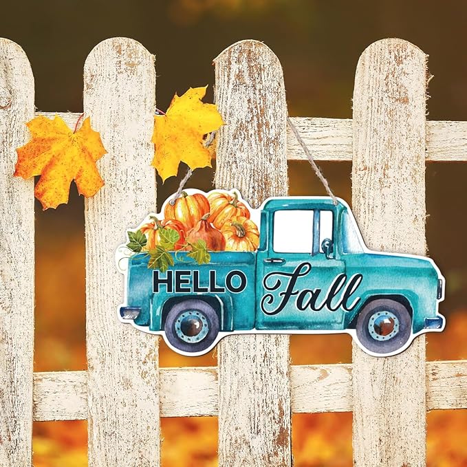 Rustic fall door hanger with a pumpkin and truck design, CozyNest Decor, perfect for outdoor porch or indoor autumn home decor.
