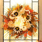 CozyNest Decor 20-inch fall wreath with maple leaves, white pumpkin, daisies, and sunflowers for front door or table autumn decor