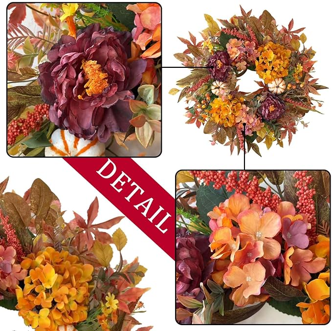 CozyNest Decor 24-inch fall wreath with hydrangea, peony, white pumpkins, perfect for front door autumn, harvest, Halloween, or Thanksgiving