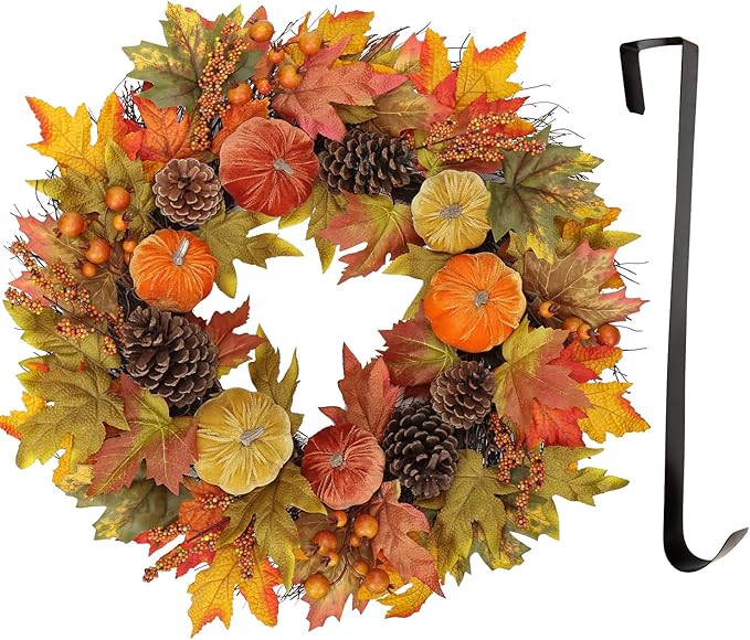 CozyNest Decor fall wreath for front door with velvet pumpkins, harvest maple leaves, and metal hook, 26-inch autumn autumn decoration