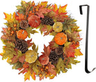 CozyNest Decor fall wreath for front door with velvet pumpkins, harvest maple leaves, and metal hook, 26-inch autumn autumn decoration