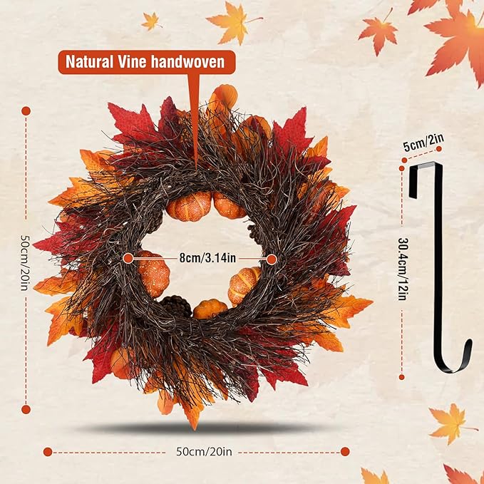 20-inch Thanksgiving fall wreath with berries, pumpkins, maple leaves, and pine cones for front door or porch decor by CozyNest Decor