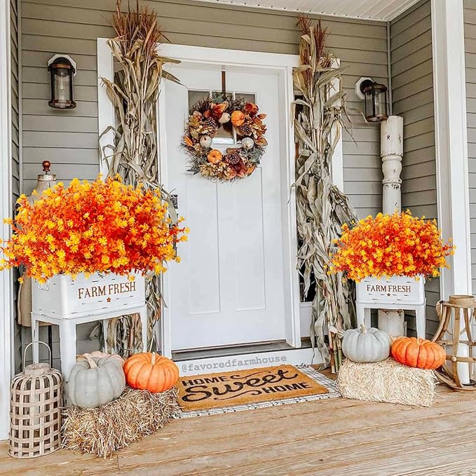 CozyNest Decor artificial fall flowers in orange, realistic faux autumn plants for indoor outdoor holiday and wedding decorations.