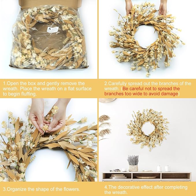 CozyNest Decor Artgar Fall Wreath with wheat and autumn floral accents, 24-inch outdoor and indoor front door wreath for fall decor.
