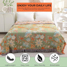 CozyNest Decor boho fall throw blanket for bed, 100% ultra cotton, floral print in orange and sage green on a bed and sofa.