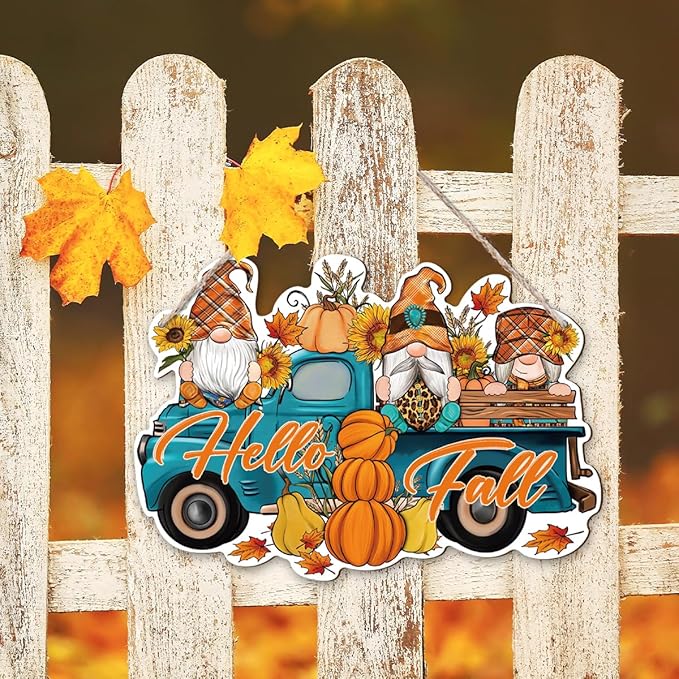Rustic wood Hello Fall gnome decoration with truck design, perfect for porch or indoor autumn décor by CozyNest Decor