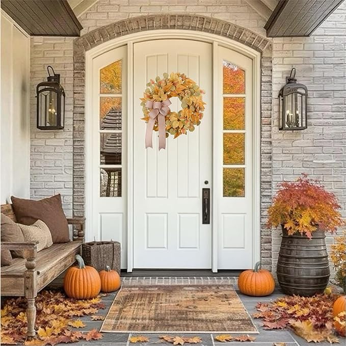 Fall wreath for front door featuring autumn faux leaves and a bow, CozyNest Decor 24-inch minimalist fall decoration for home.