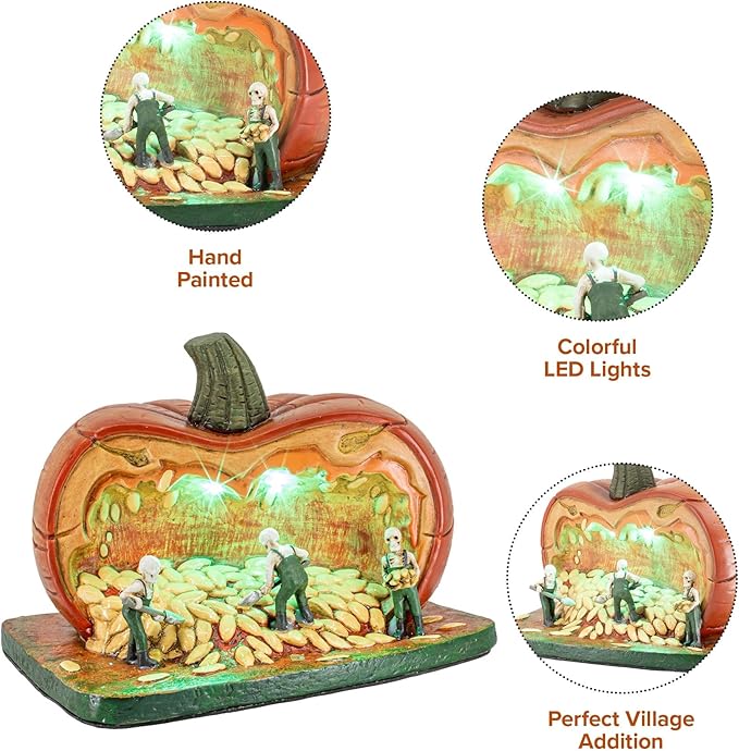 Colorful porcelain Gourd Gathering Ghouls Halloween village collectible with LED lights, featuring spooky pumpkin-themed design by CozyNest Decor.