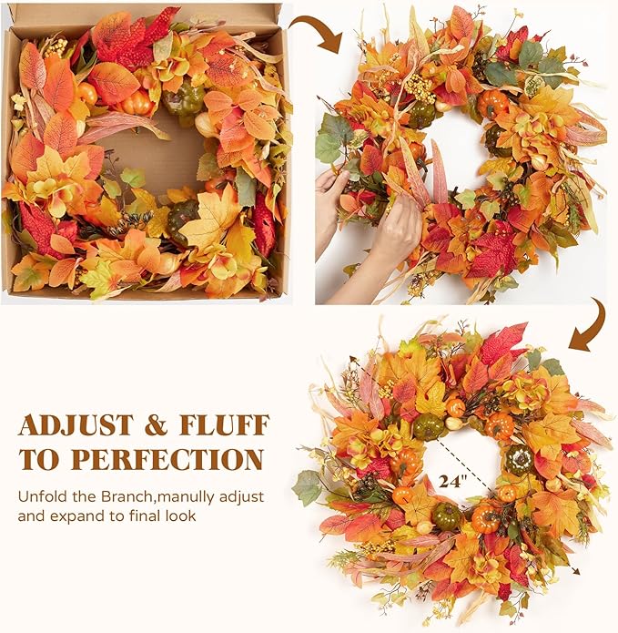 CozyNest Decor 24-inch fall wreath with pumpkins, hydrangea, maple leaves for front door porch Halloween Thanksgiving decor