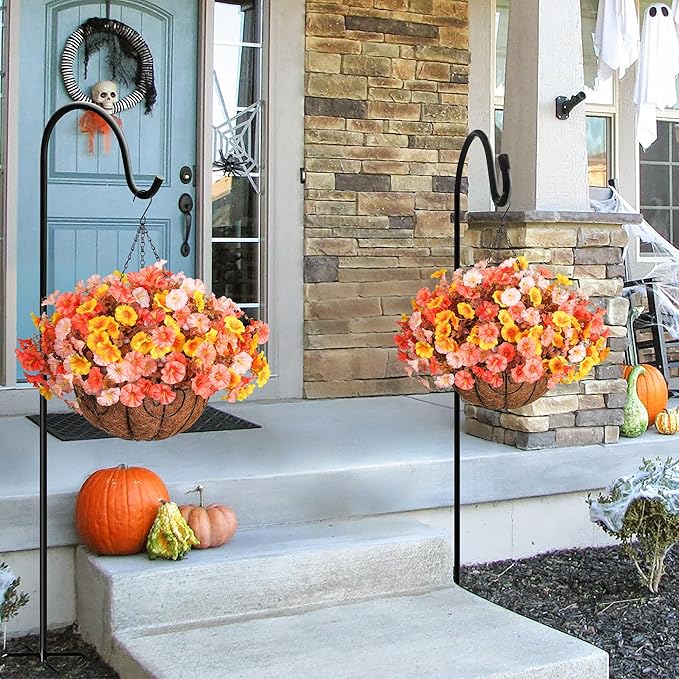 Artificial fall flowers basket with silk morning glory and eucalyptus, UV resistant outdoor faux plants for porch and patio decor.