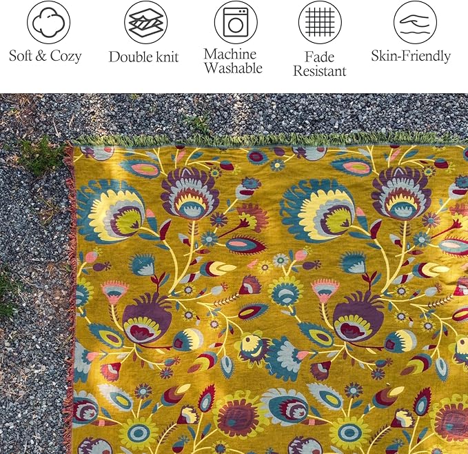 CozyNest Decor boho throw blanket in yellow with floral farmhouse pattern, made of soft 100% organic cotton muslin for bed or sofa.