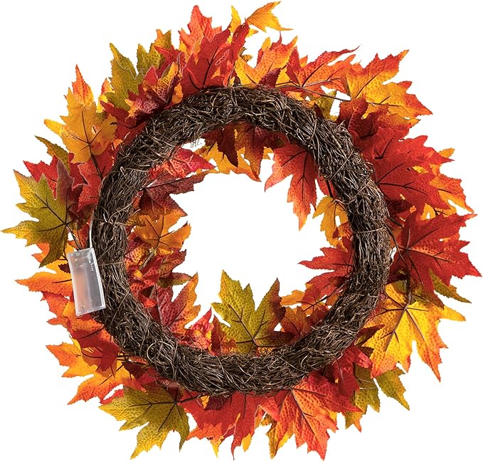 CozyNest Decor 24-inch pre-lit fall wreath with maple leaves, lights, and timer, ideal for front door autumn and holiday decor