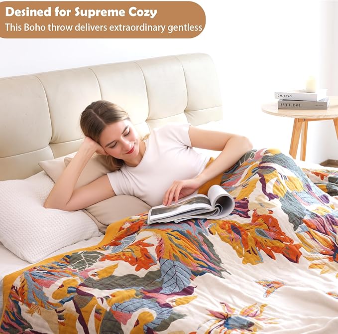 CozyNest Decor boho large throw blanket with fall floral and bird design, 100% organic cotton, breathable and soft for sofa or bed.