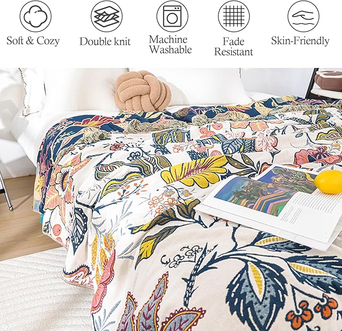 CozyNest Decor boho throw blanket in white, 100% organic cotton muslin with floral farmhouse design for bed or sofa decor, 80x90 inches.
