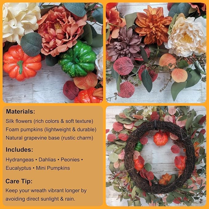 CozyNest Decor 24-inch fall wreath with realistic pumpkins, hydrangeas, peonies, and dahlias for front door autumn decor.