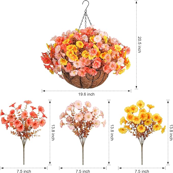 Artificial fall flowers in a hanging basket with silk morning glory and eucalyptus, outdoor UV-resistant faux flowers for porch or patio.