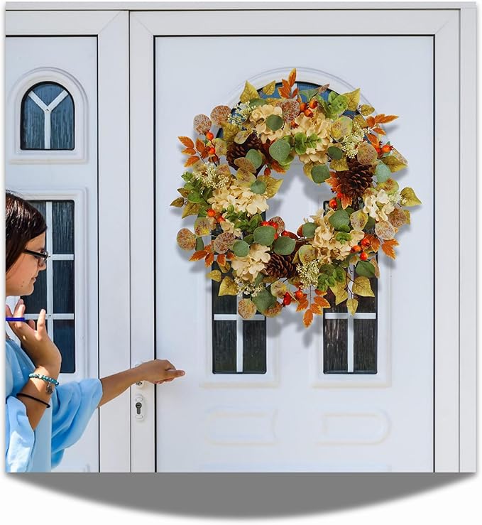 CozyNest Decor 22-inch fall hydrangea wreath with eucalyptus, pinecones, and orange berries for autumn door decor.