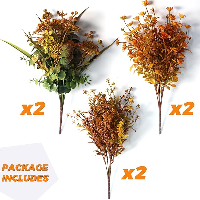 Six bundles of artificial fall flowers with green leaves and mixed colors, ideal for Thanksgiving and autumn home decor.