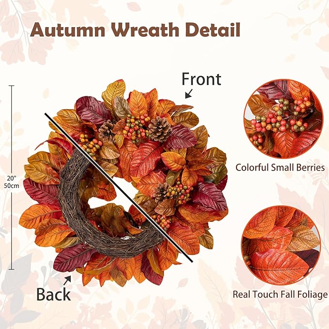 CozyNest Decor 20-inch fall wreath with autumn magnolia leaves, fruit accents, perfect for front door, porch, or home decor.