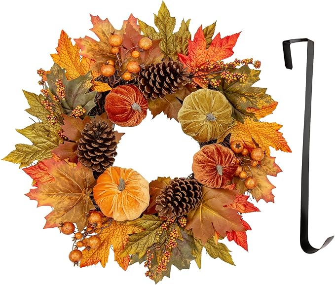CozyNest Decor 16-inch fall velvet pumpkin wreath with metal hook and autumn leaves, perfect for front door Halloween and Thanksgiving decor.