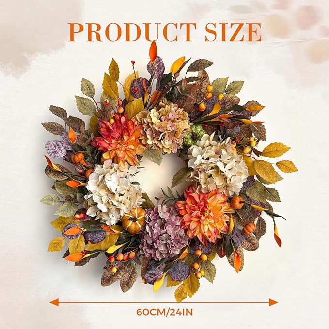 24-inch autumn wreath with beige hydrangea, orange dahlia, pumpkins, and fall accents, perfect for front door decor.