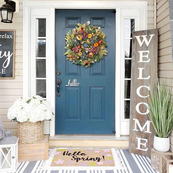 CozyNest Decor 24-inch fall wreath with blue hydrangeas, purple peonies, orange pumpkins, and autumn foliage for front door decoration