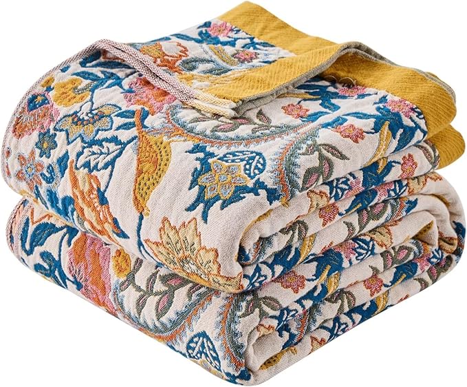 CozyNest Decor fall boho throw blanket for bed, 100% cotton reversible muslin, lightweight, breathable king size 90x98 inches.