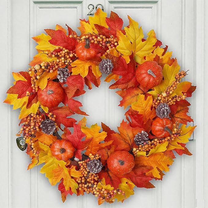 CozyNest Decor 20-inch fall wreath with pumpkins and maple leaves, perfect for front door or indoor autumn home decor.