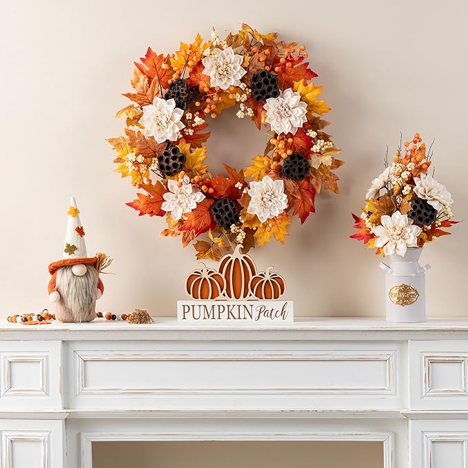 CozyNest Decor 24-inch fall sorghum wreath with metal hanger, perfect for front door or indoor outdoor holiday harvest decor.