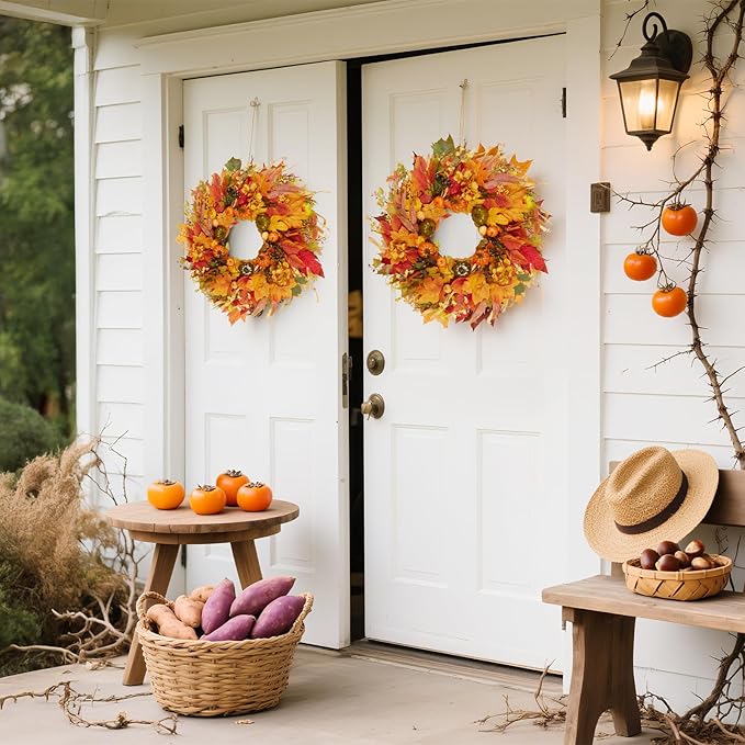 CozyNest Decor 24-inch fall wreath with pumpkins, hydrangea, maple leaves for front door, porch, or window decor.