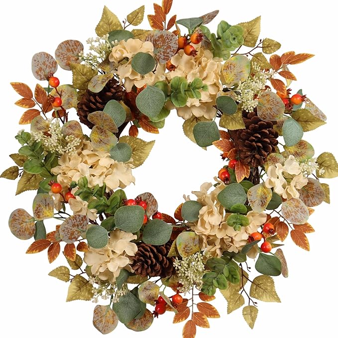 CozyNest Decor 22-inch fall hydrangea wreath with eucalyptus, pinecones, and orange berries, perfect for autumn door decor.