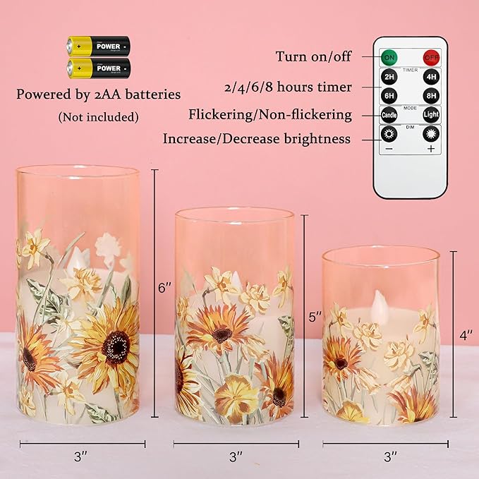 CozyNest Decor MELTONE autumn sunflower flameless candles with flickering real wax, glass holders, remote control for home decor and celebrations.