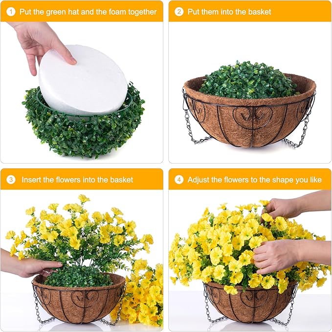 Artificial yellow silk morning glory and eucalyptus flowers in a hanging basket, outdoor fall decoration for porch or patio.