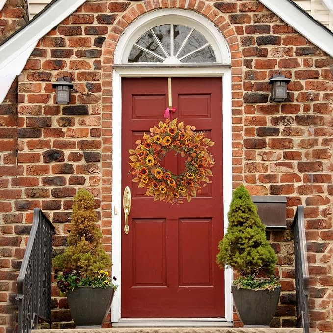 CozyNest Decor 22-inch artificial fall wreath with eucalyptus leaves and chrysanthemums, ideal for front door or indoor autumn decor.