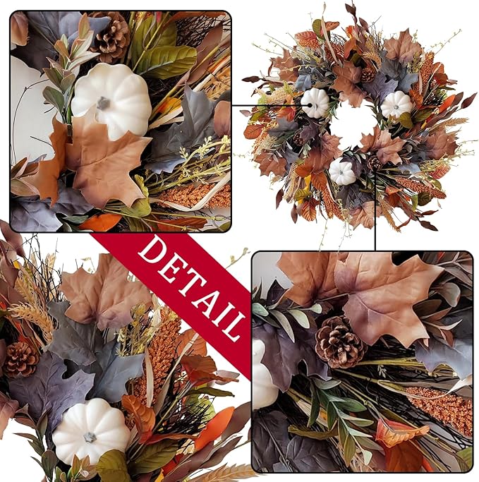 CozyNest Decor 24-inch fall wreath with white pumpkins, grains, and maple leaves, perfect for autumn, harvest, or Halloween front door decor.