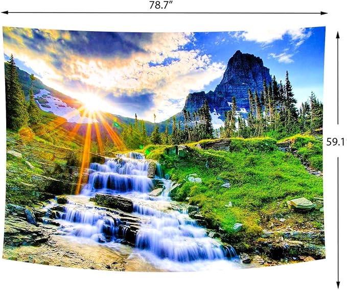 Delur Mountain Waterfall tapestry featuring sunset forest scene with trees, rainforest, and scenic nature landscape for wall decor.