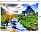 Delur Mountain Waterfall tapestry featuring sunset forest scene with trees, rainforest, and scenic nature landscape for wall decor.