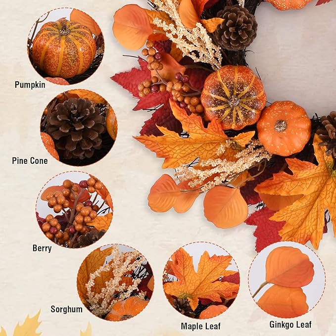 CozyNest Decor 20-inch fall wreath with berries, pumpkins, maple leaves, pine cones, and a hook for front door autumn decor.